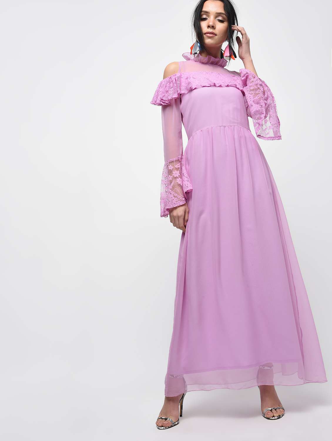 ruffle trim lace paneled maxi dress