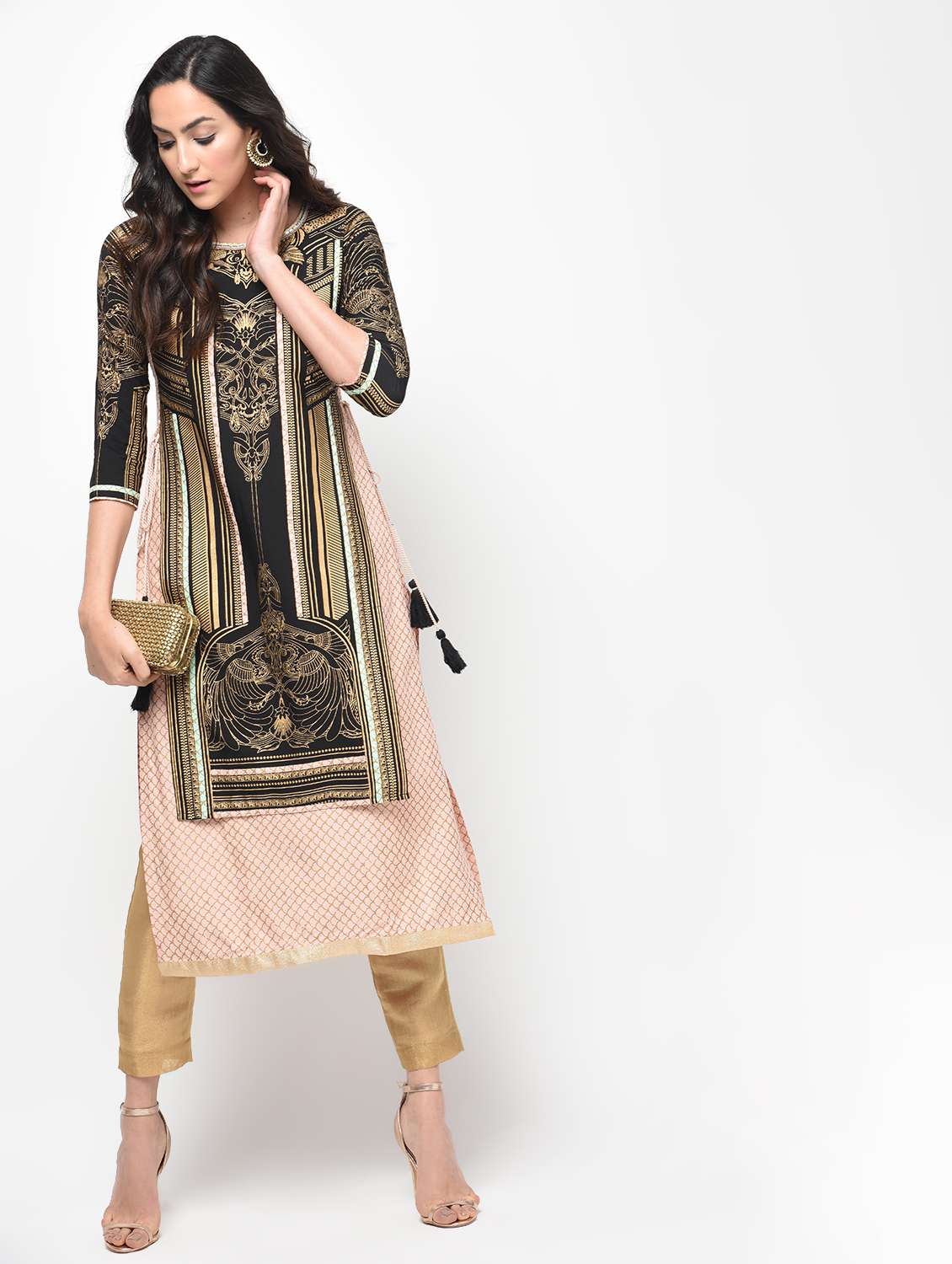 foil print layered kurta with tassels