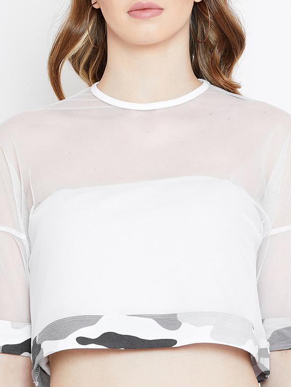 camouflage paneled sheer crop top - 15952183 - Standard Image - 4