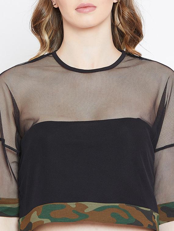 camouflage panel sheer crop top - 15952184 - Standard Image - 4