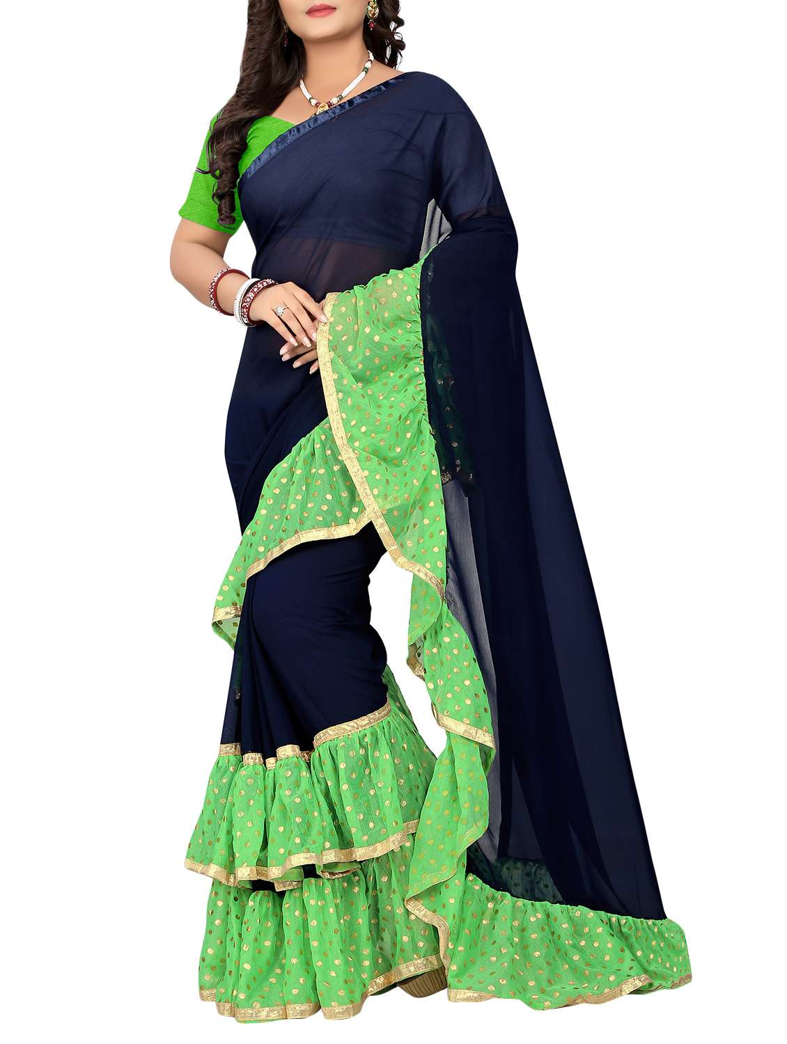 women's self design navy blue colored saree with blouse