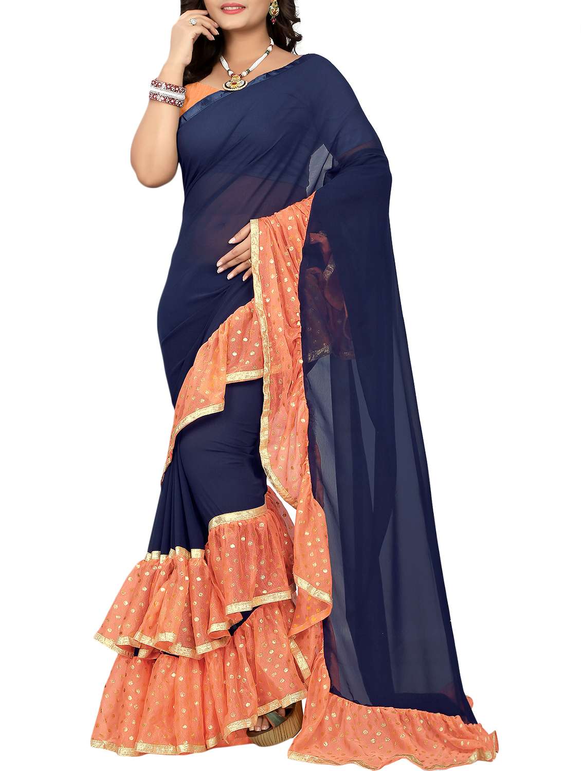 women's self design navy blue colored saree with blouse