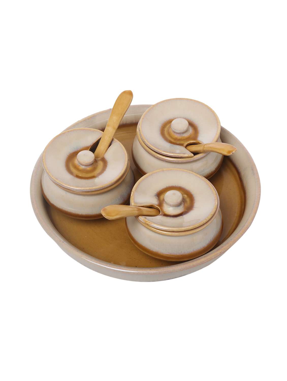 unravel india stoneware off-white chutney bowl set with base tray (set of 3) - 15953601 - Standard Image - 1