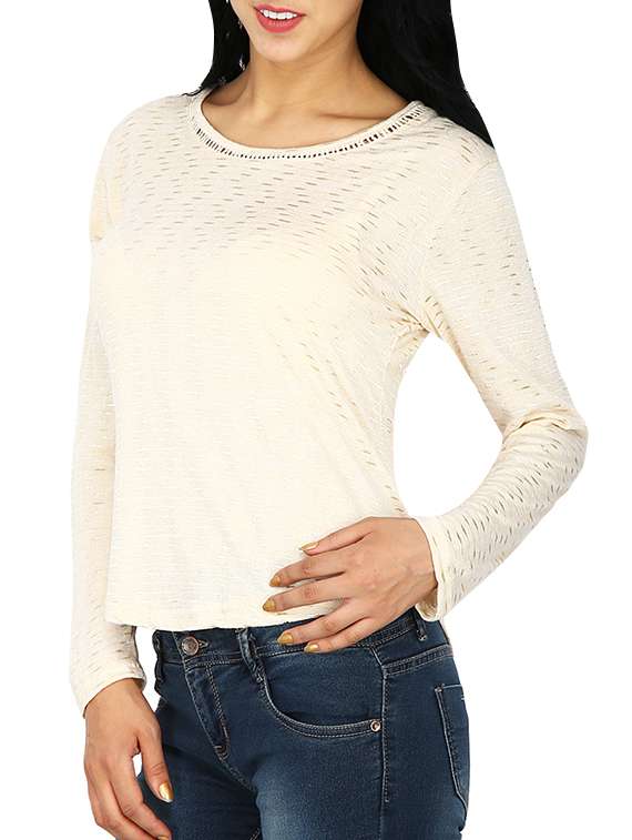 lace insert round neck top - 15953634 - Standard Image - 1