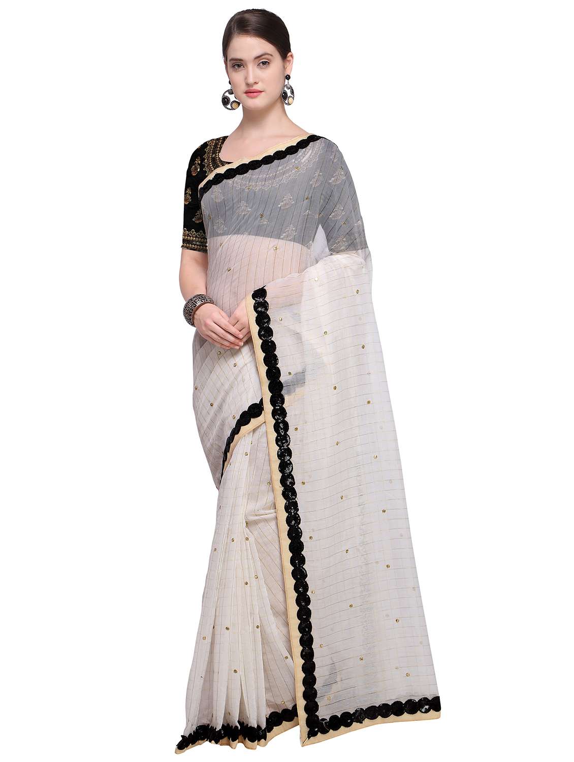 offwhite silk embroidered saree with blouse