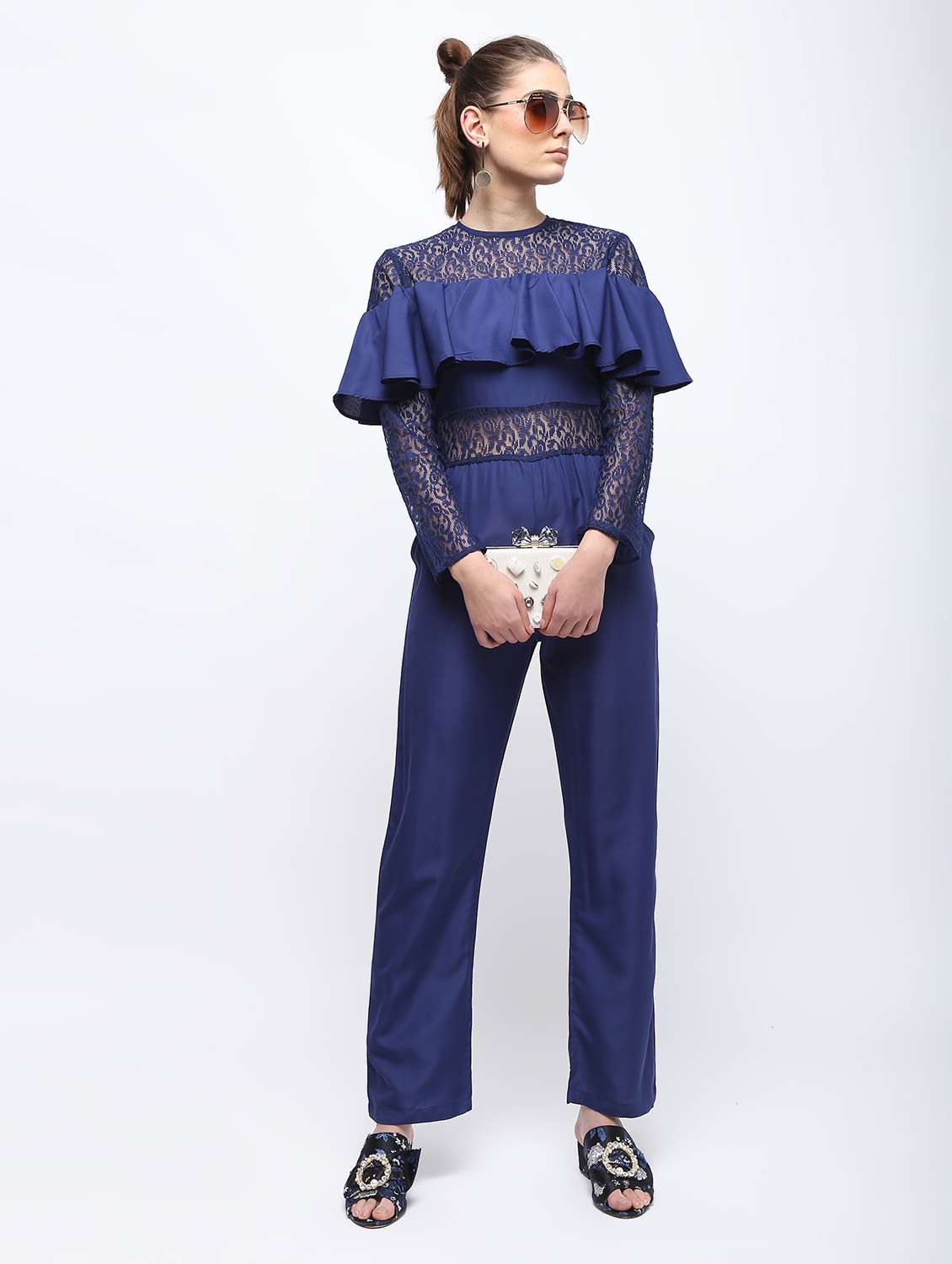 sheer panel ruffled jumpsuit