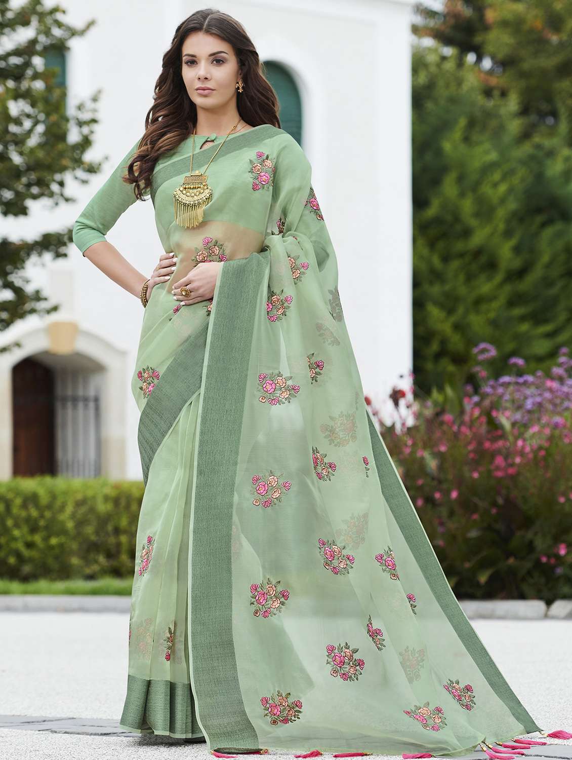 floral embroidered saree with blouse