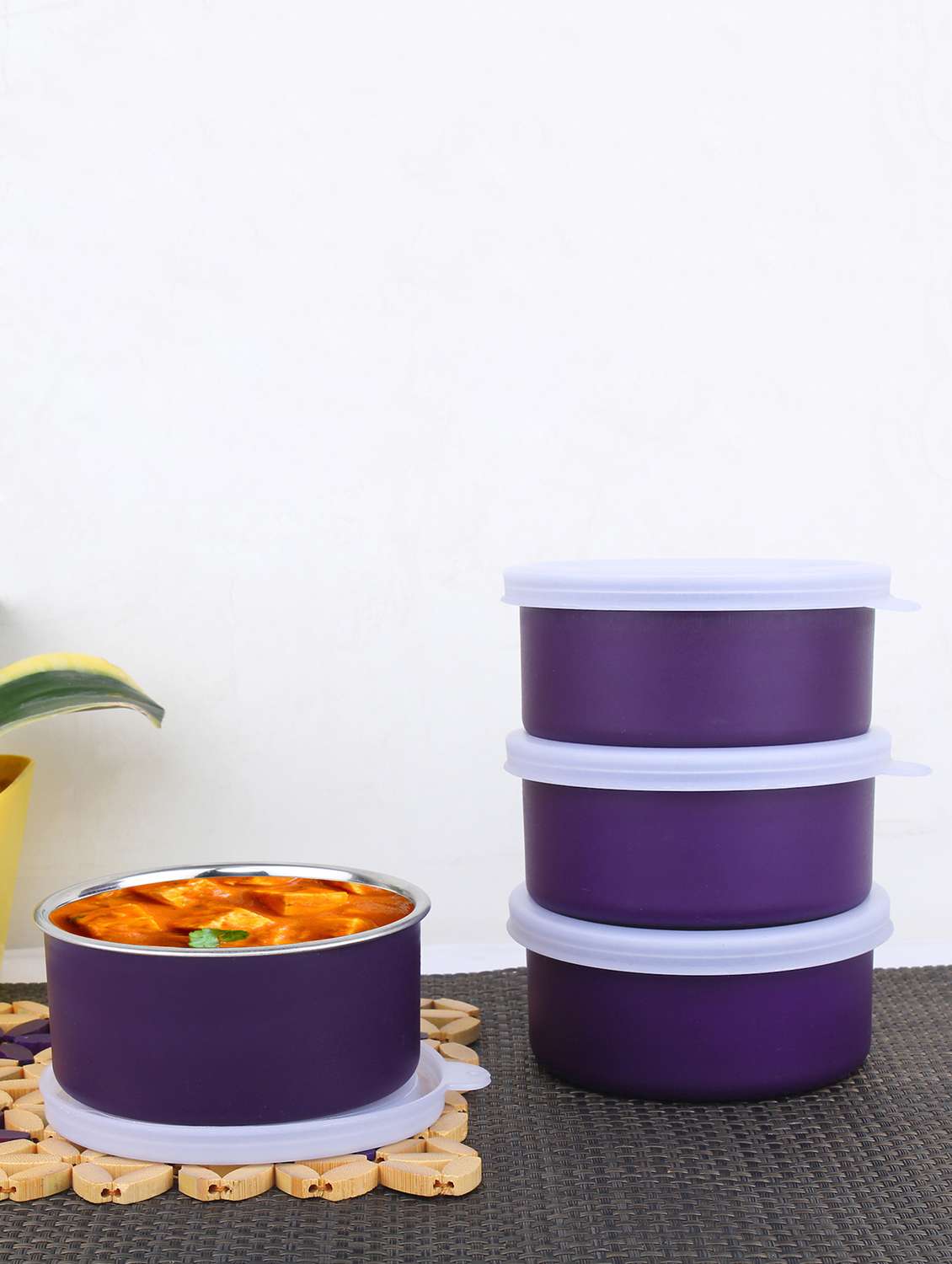 microwave safe stainless steel small lunch containers for office / home - set of 4 (purple, 4x11cms, 4x200ml approx.)
