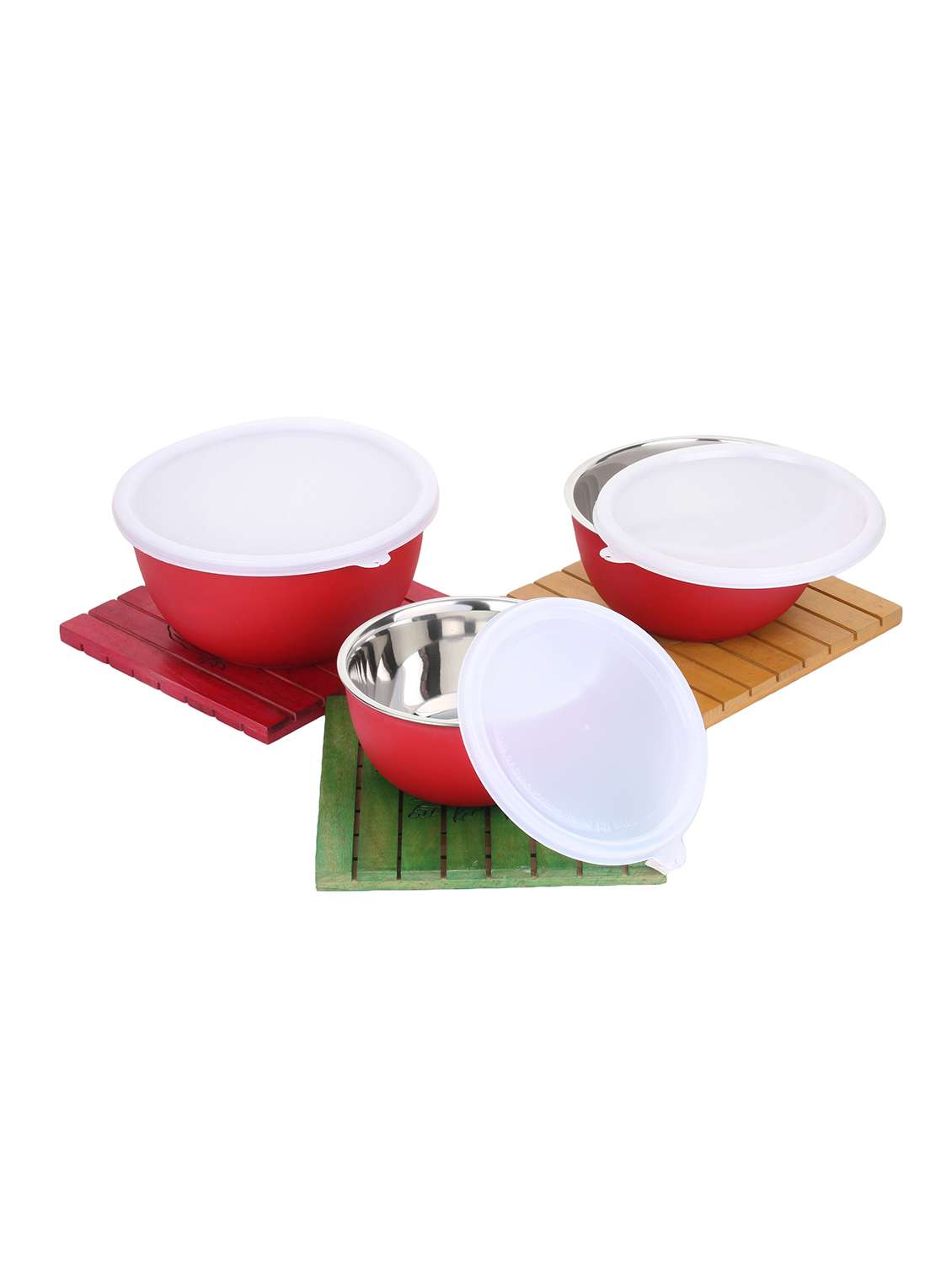  stainless steel plastic coated bowls with lid (set of 3) 