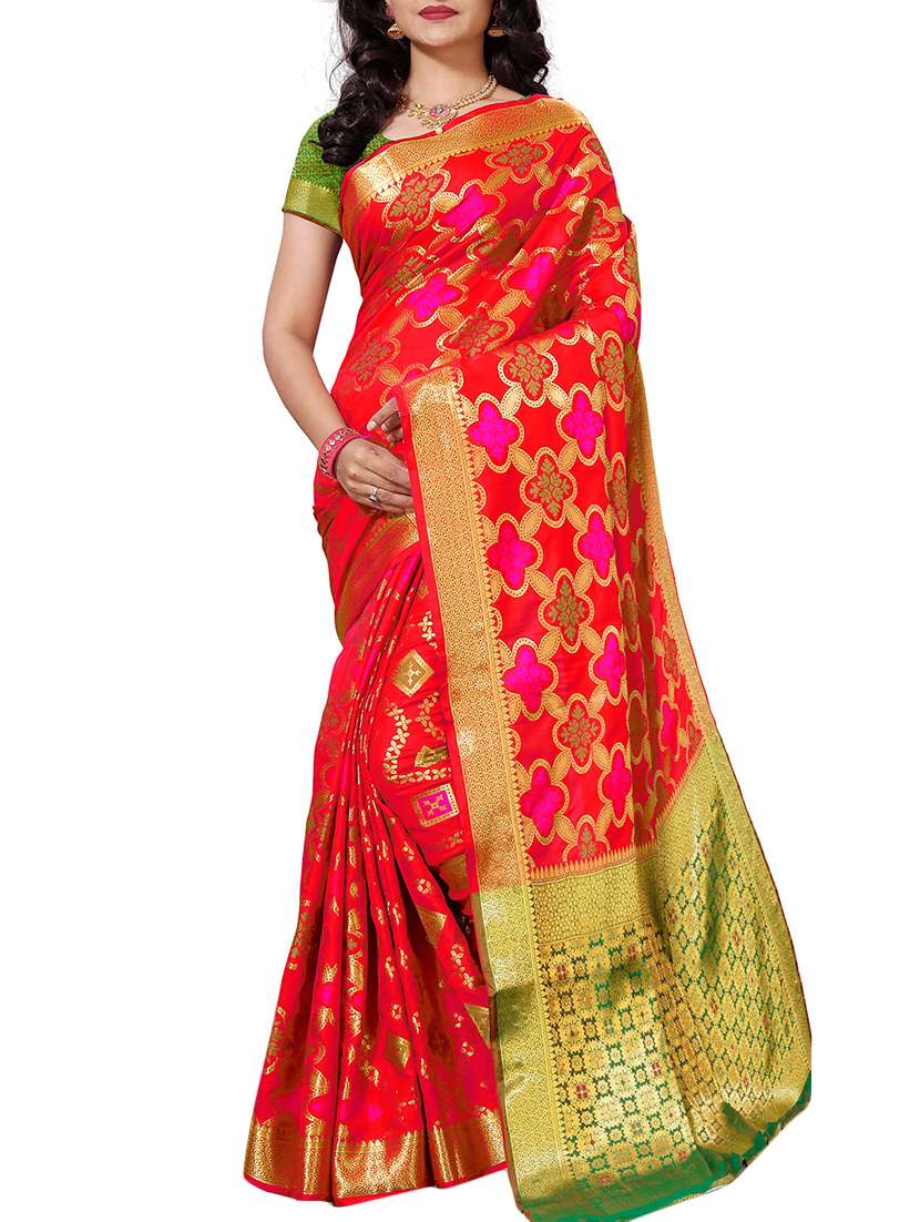 floral zari motif red banarasi saree with blouse