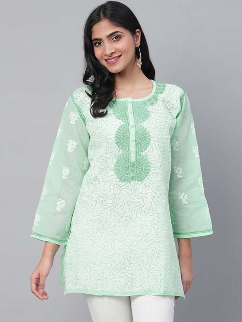 hand-embroidered sea green chikankari kurti - 15971783 - Standard Image - 0