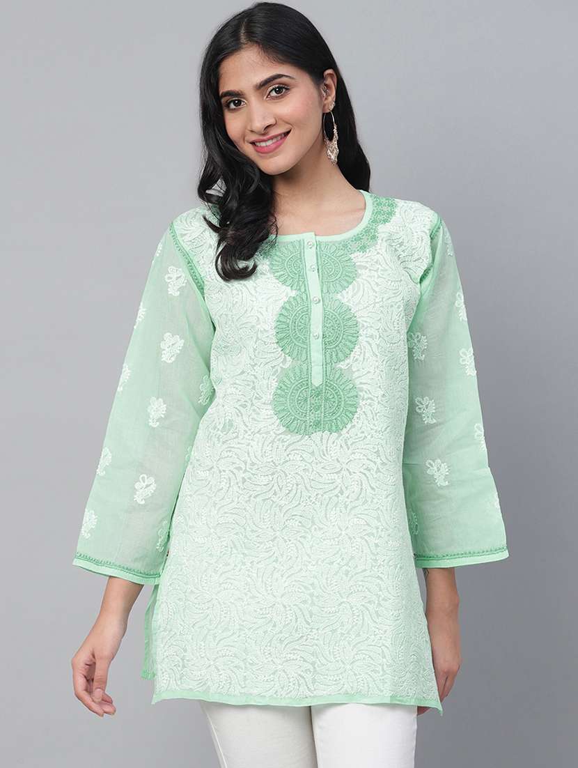 hand-embroidered sea green chikankari kurti - 15971783 - Zoom Image - 0