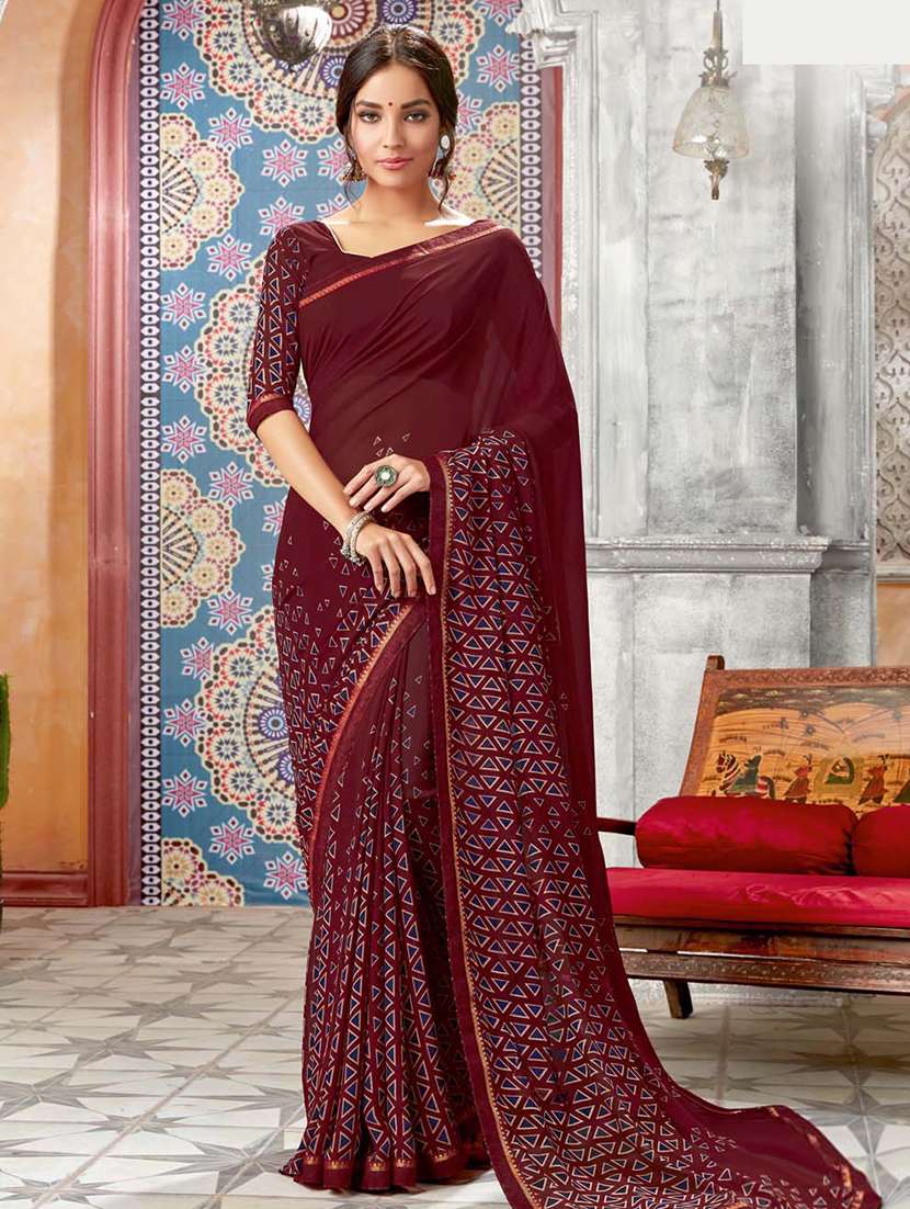 maroon geometrical printed saree with blouse