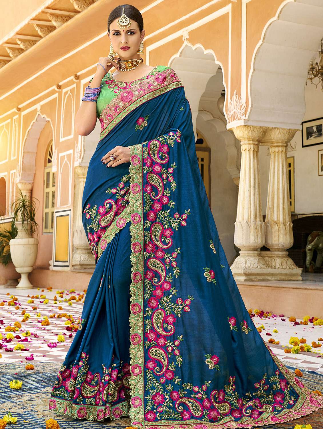 floral turquoise embroidered saree with blouse