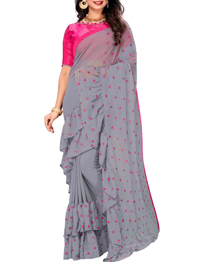 polka dots ruffle border grey saree with blouse