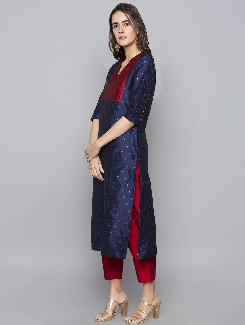 silk blend straight kurta - 15983320 -  Standard Image - 1
