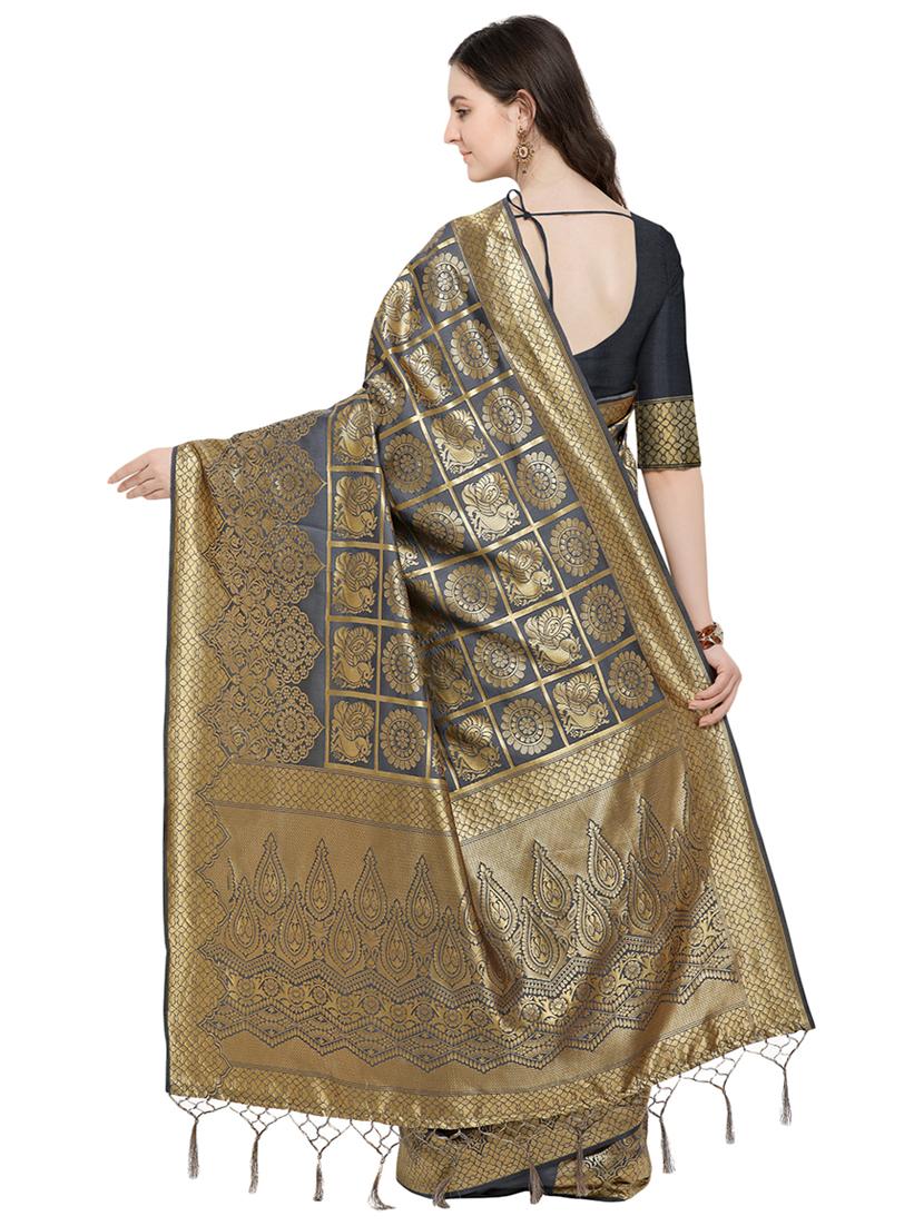 conversational zari motif grey banarasi saree with blouse - 15984926 - Standard Image - 1