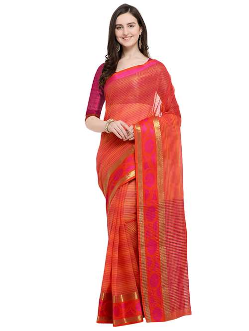 striped zari motifs orange banarasi saree with blouse - 15984933 - Standard Image - 0