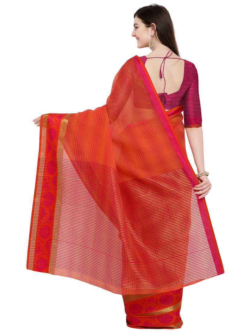 striped zari motifs orange banarasi saree with blouse - 15984933 -  Standard Image - 1