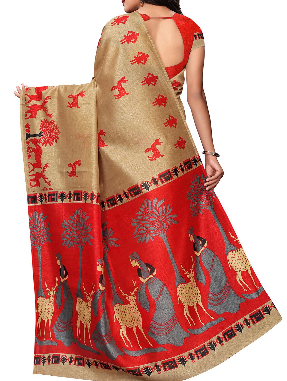 kalamkari beige printed saree with blouse - 15988568 - Standard Image - 1