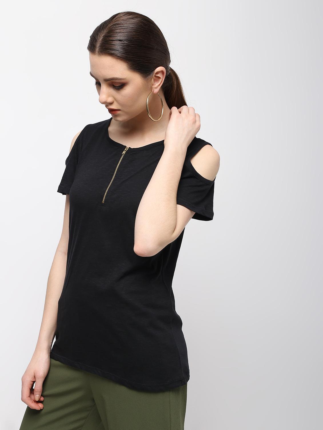 zipper detail cold shoulder top - 15989951 - Standard Image - 1