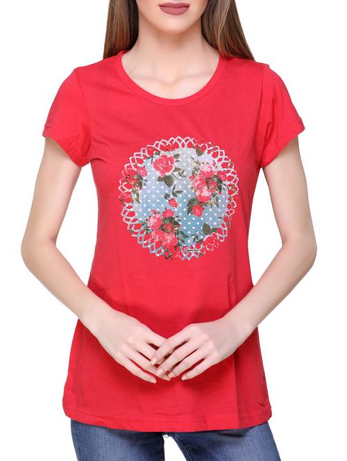 women's chest print round neck t-shirt - 15996492 -  Standard Image - 0