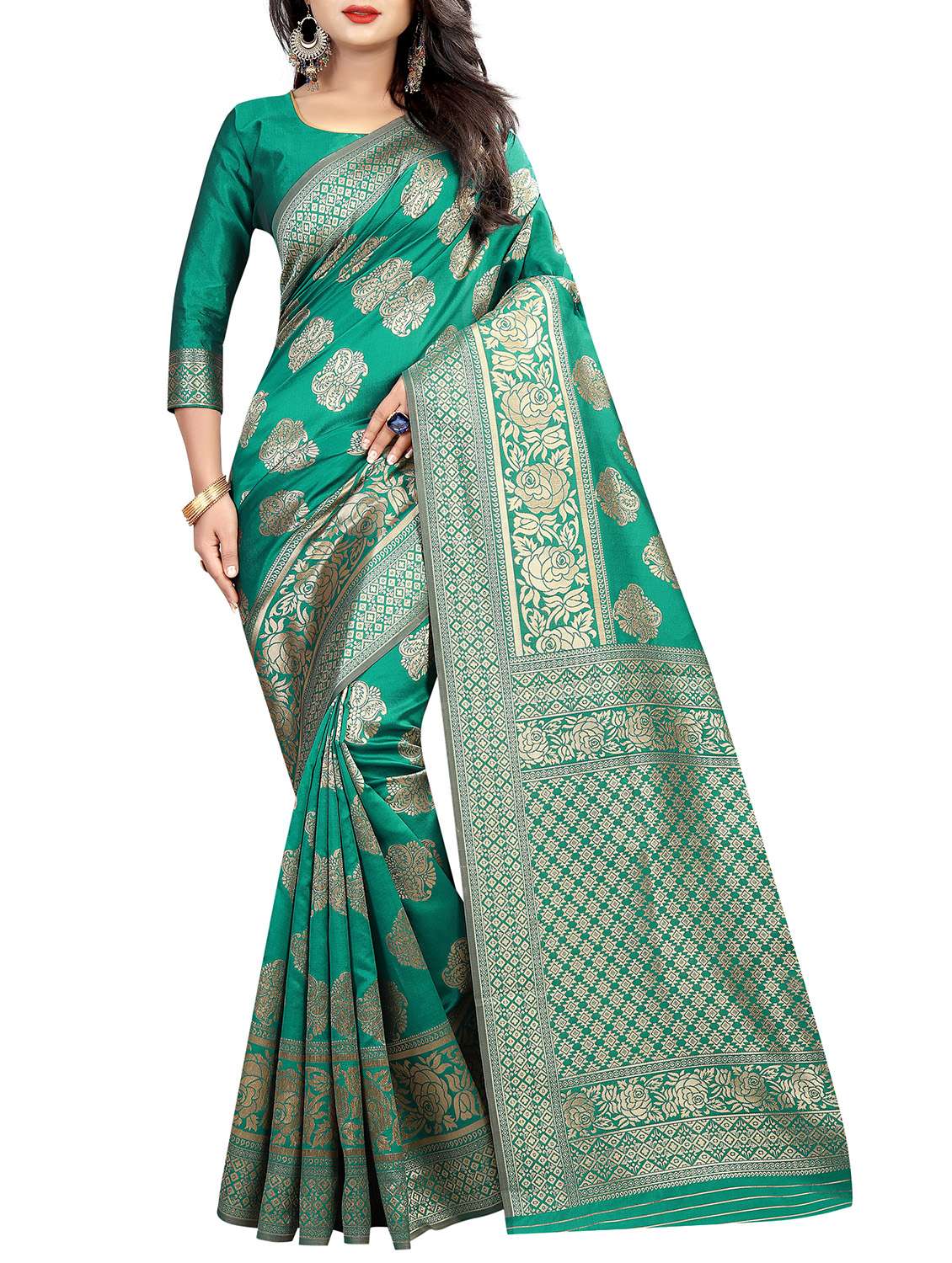 floral zari motif turquoise banarasi saree with blouse