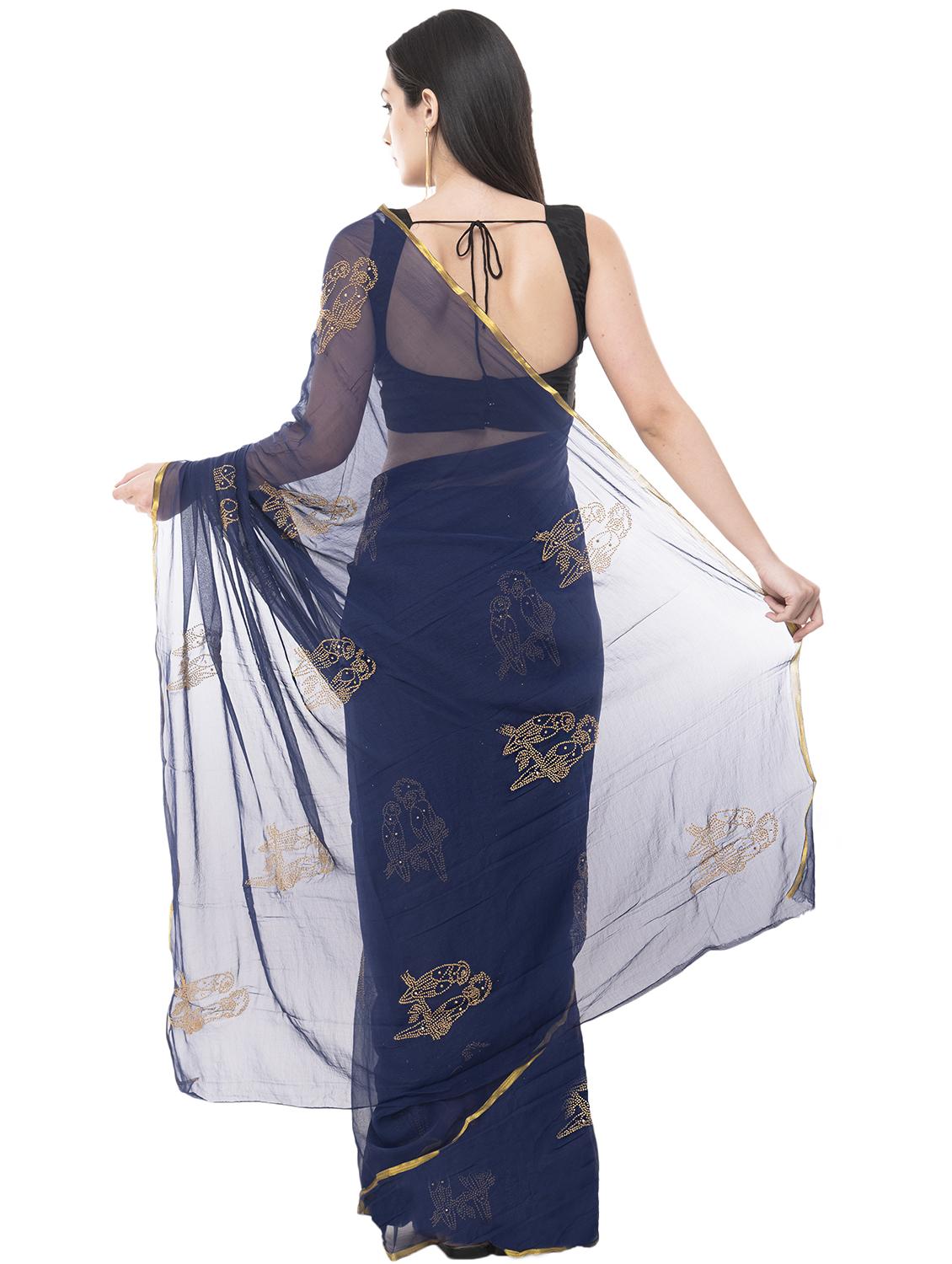 navy blue embellished saree with blouse - 15998101 - Standard Image - 1