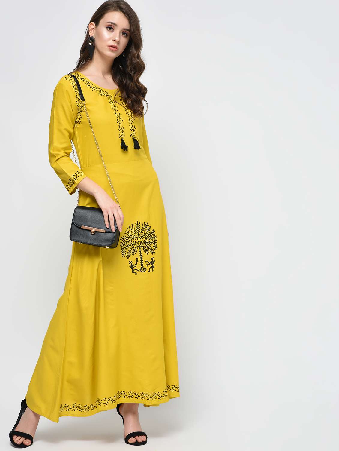 a-line block print kurta with tassels