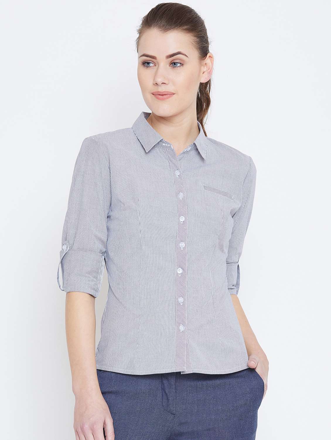 roll up sleeved striped shirt