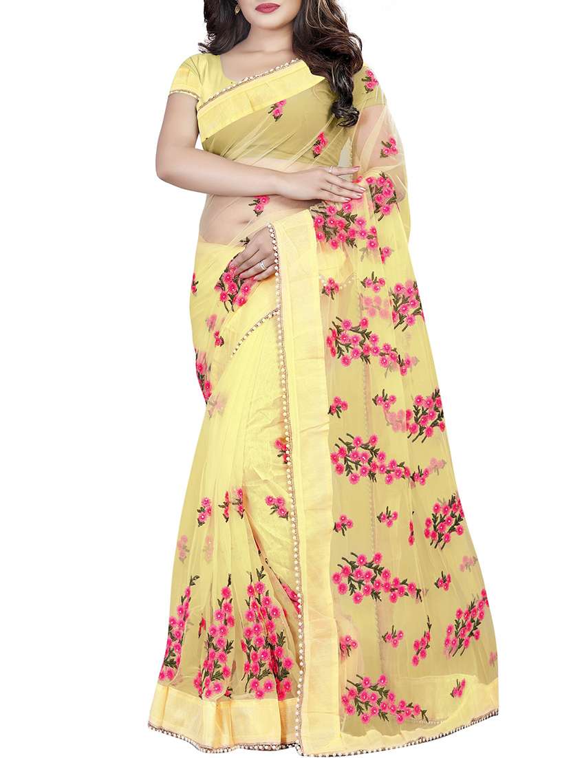 floral yellow embroidered saree with blouse