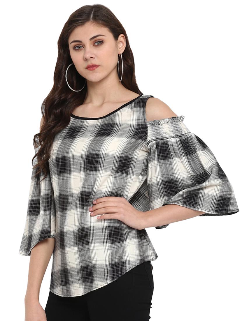 cold shoulder checkered top - 16005238 - Standard Image - 1