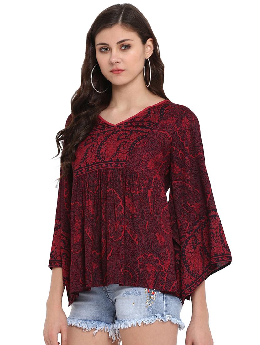 flared sleeved paisley gathered top - 16005239 - Standard Image - 1