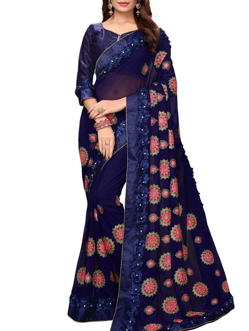 ribbon border floral embroidered saree with blouse