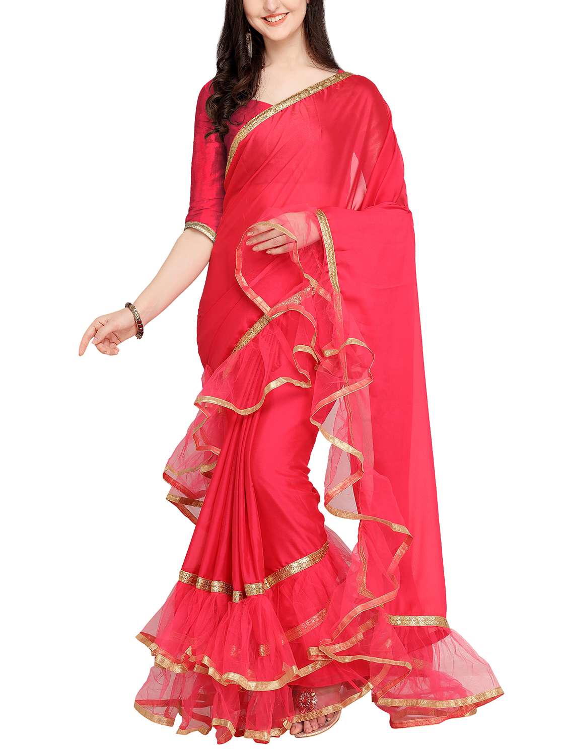 ruffle lace border fusion saree with blouse