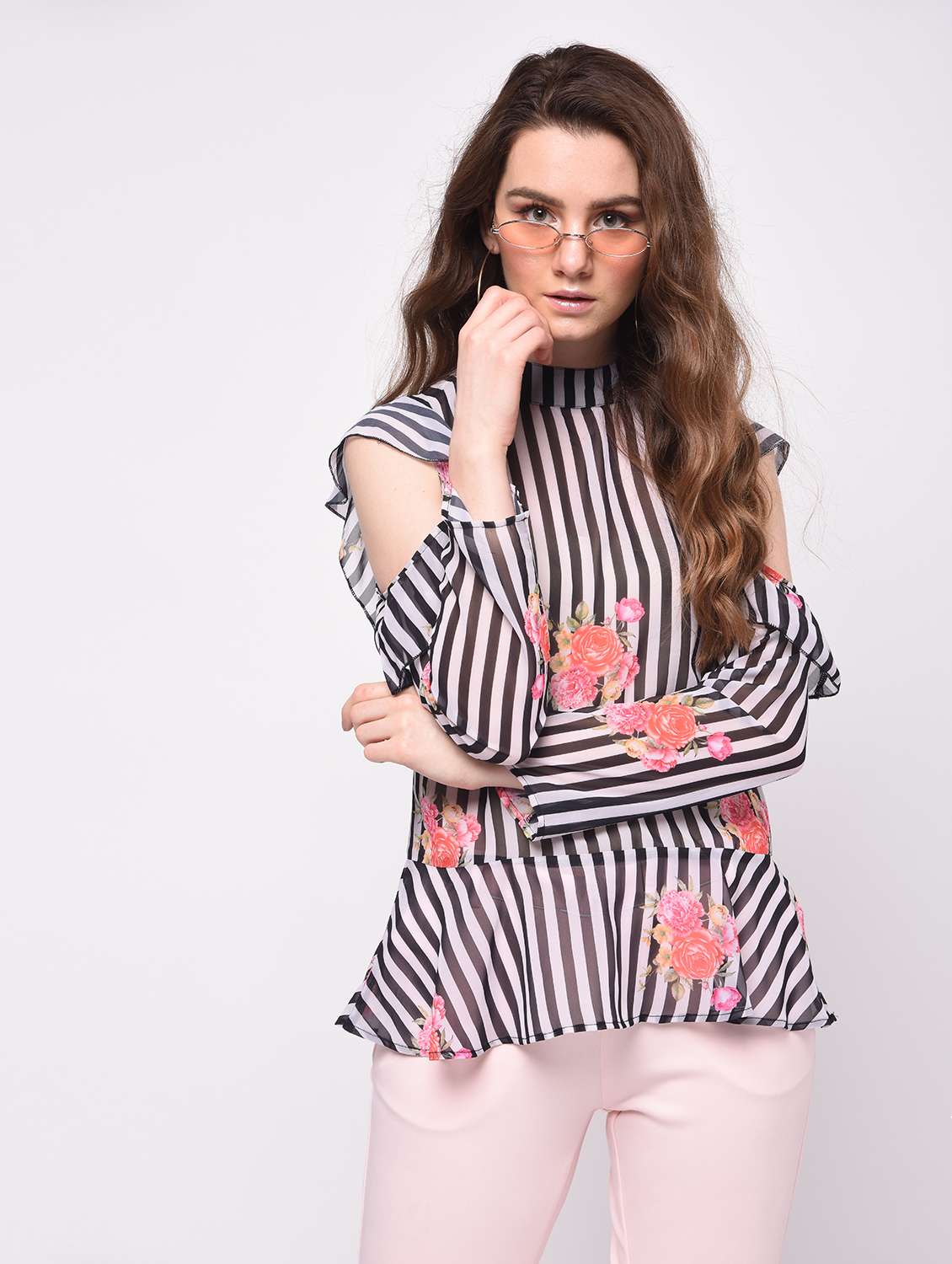 ruffled cold shoulder striped floral top