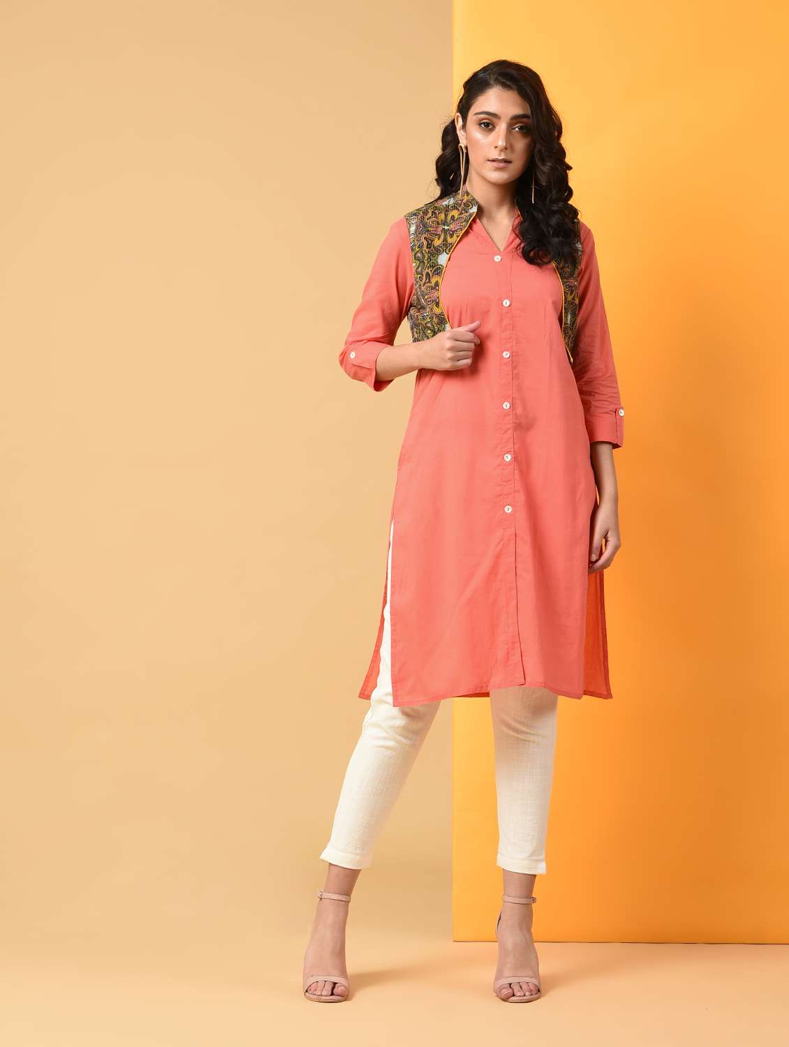 solid straight kurta with printed jacket 