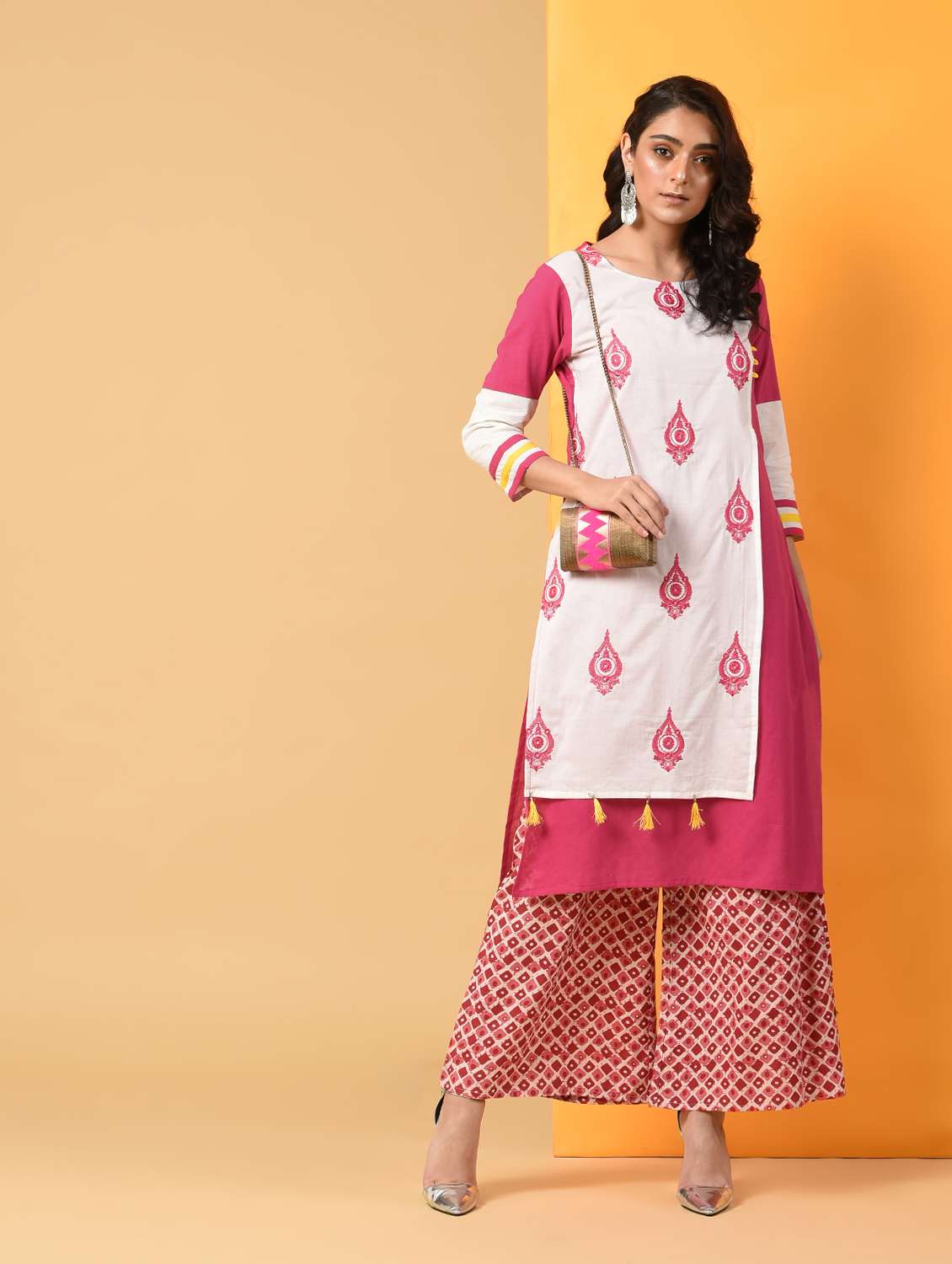 embroidered straight kurta with tassels