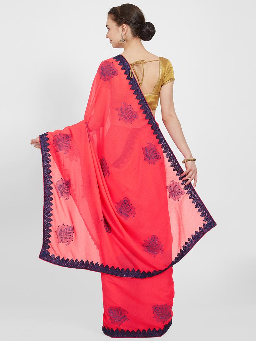 lace border coral red embroidered saree with blouse - 16011034 - Standard Image - 1
