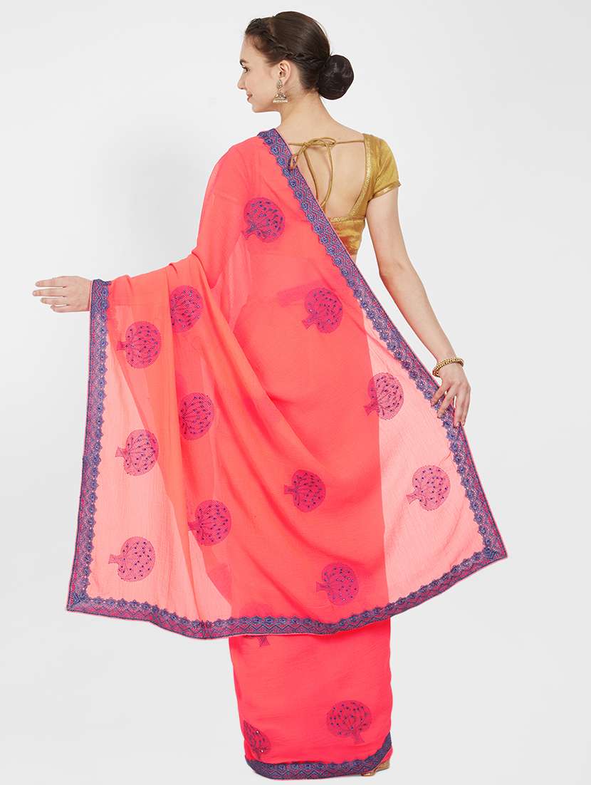 lace border peach embroidered saree with blouse - 16011036 - Standard Image - 1