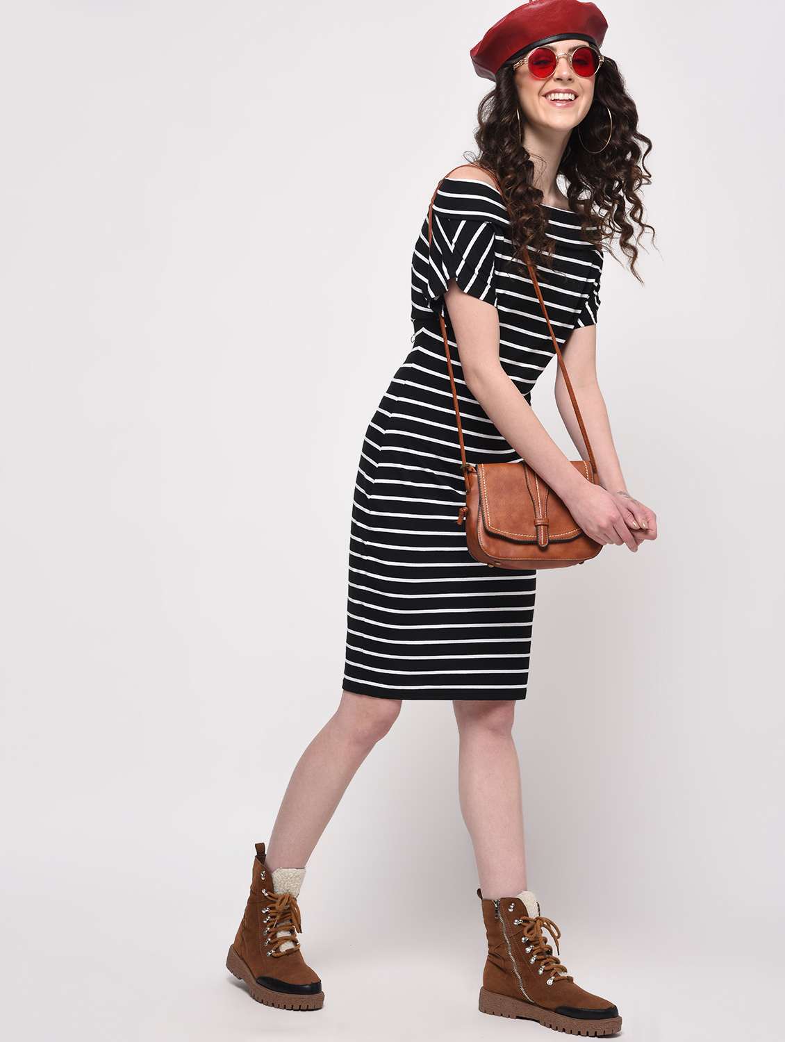 off shoulder striped sheath dress