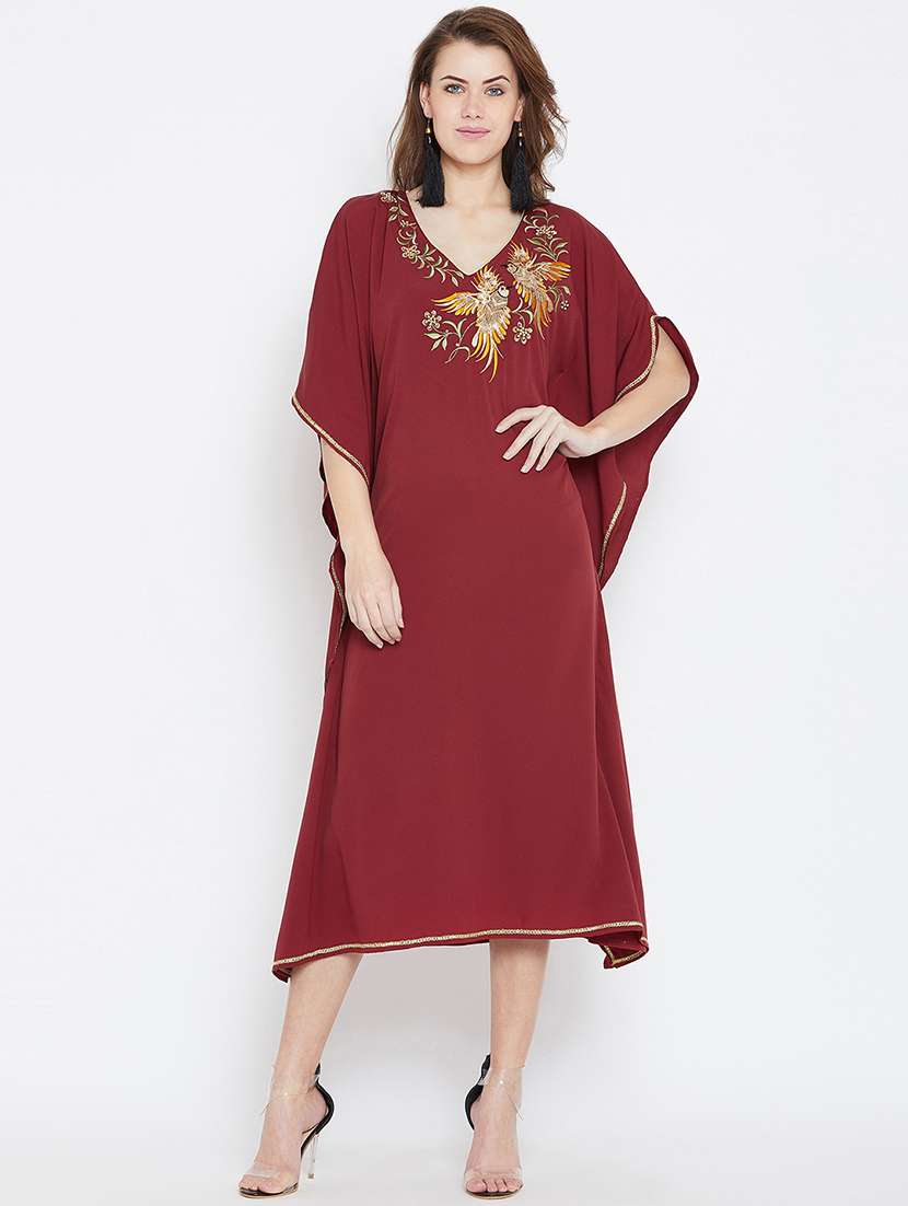 lace detail embroidered sequined kaftan dress