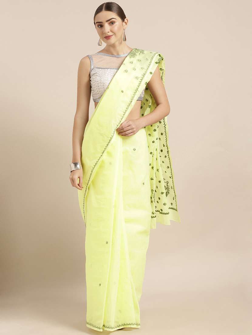 floral yellow chikankari saree
