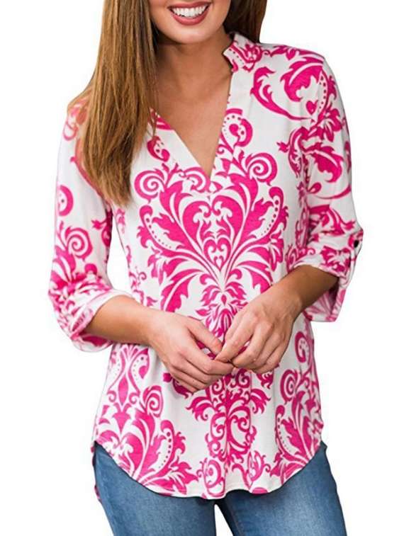 damask print curved hem tunic