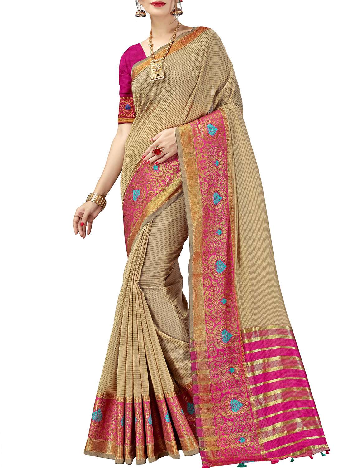 floral zari border woven saree with blouse