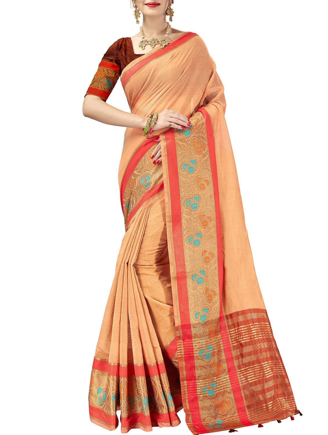 floral zari border woven saree with blouse
