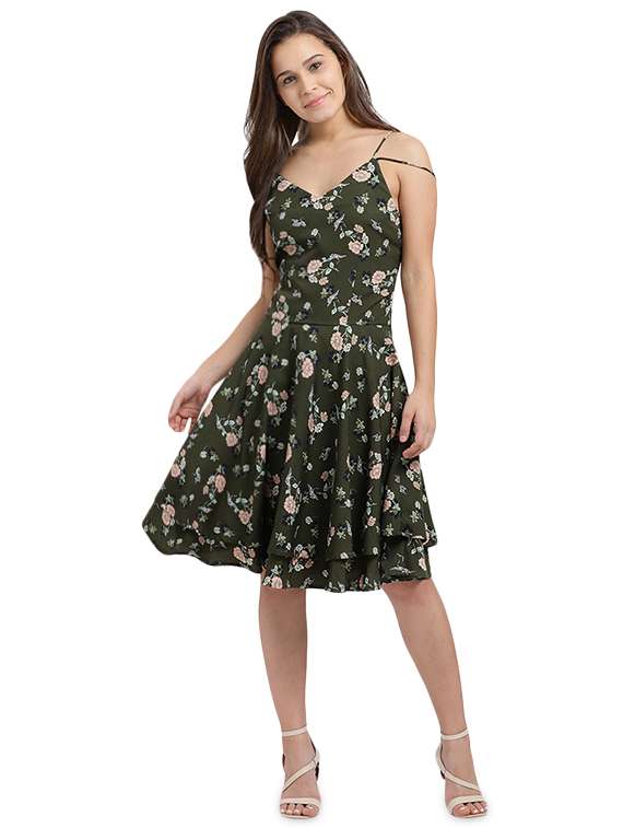 cami neck floral flared dress