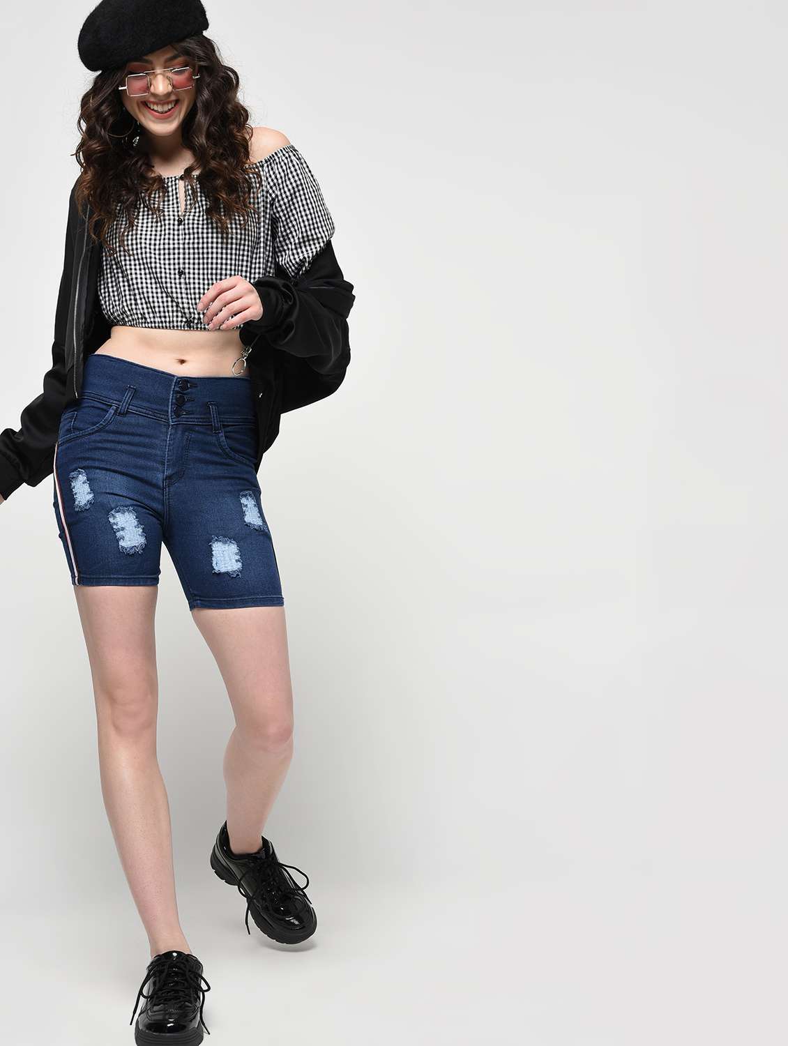 side taped distressed shorts