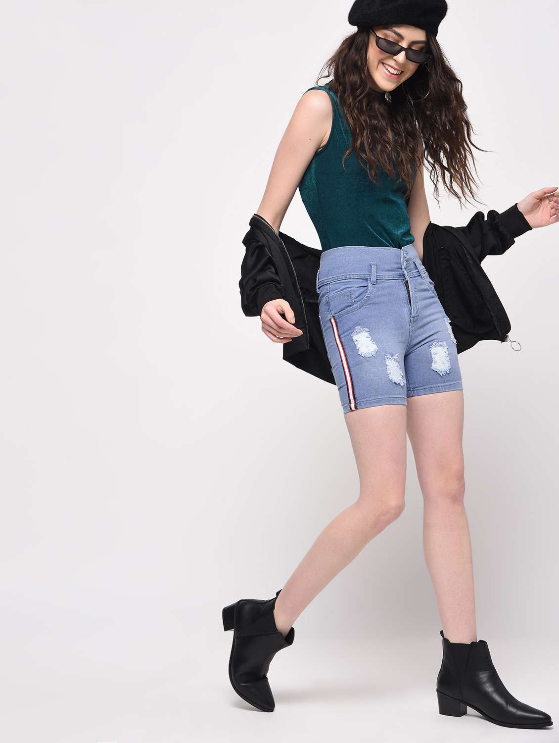 side taped distressed denim shorts