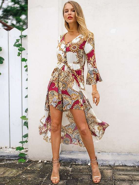 chain print button detail layered romper